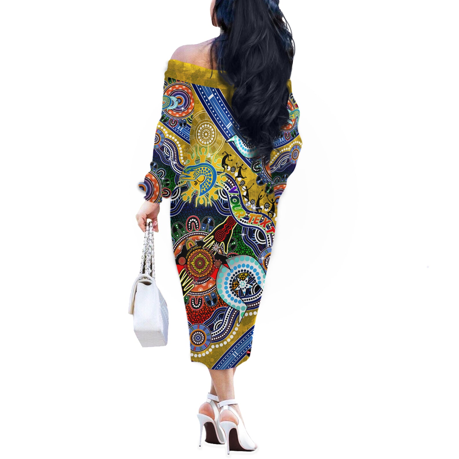 Personalised Eels NAIDOC Week 2024 Off The Shoulder Long Sleeve Dress Australia Aboriginal Dot Painting