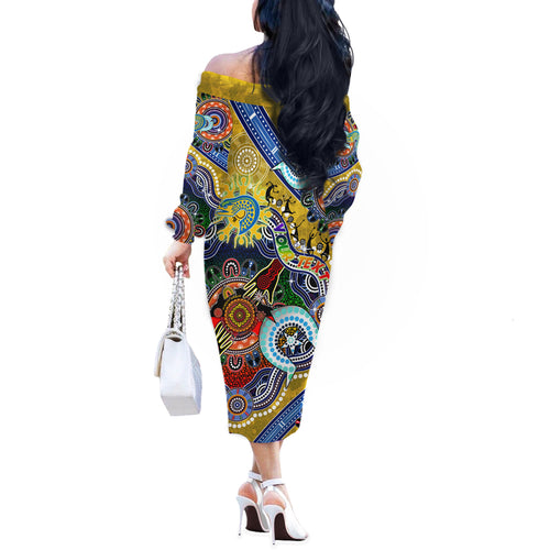 Personalised Eels NAIDOC Week 2024 Off The Shoulder Long Sleeve Dress Australia Aboriginal Dot Painting