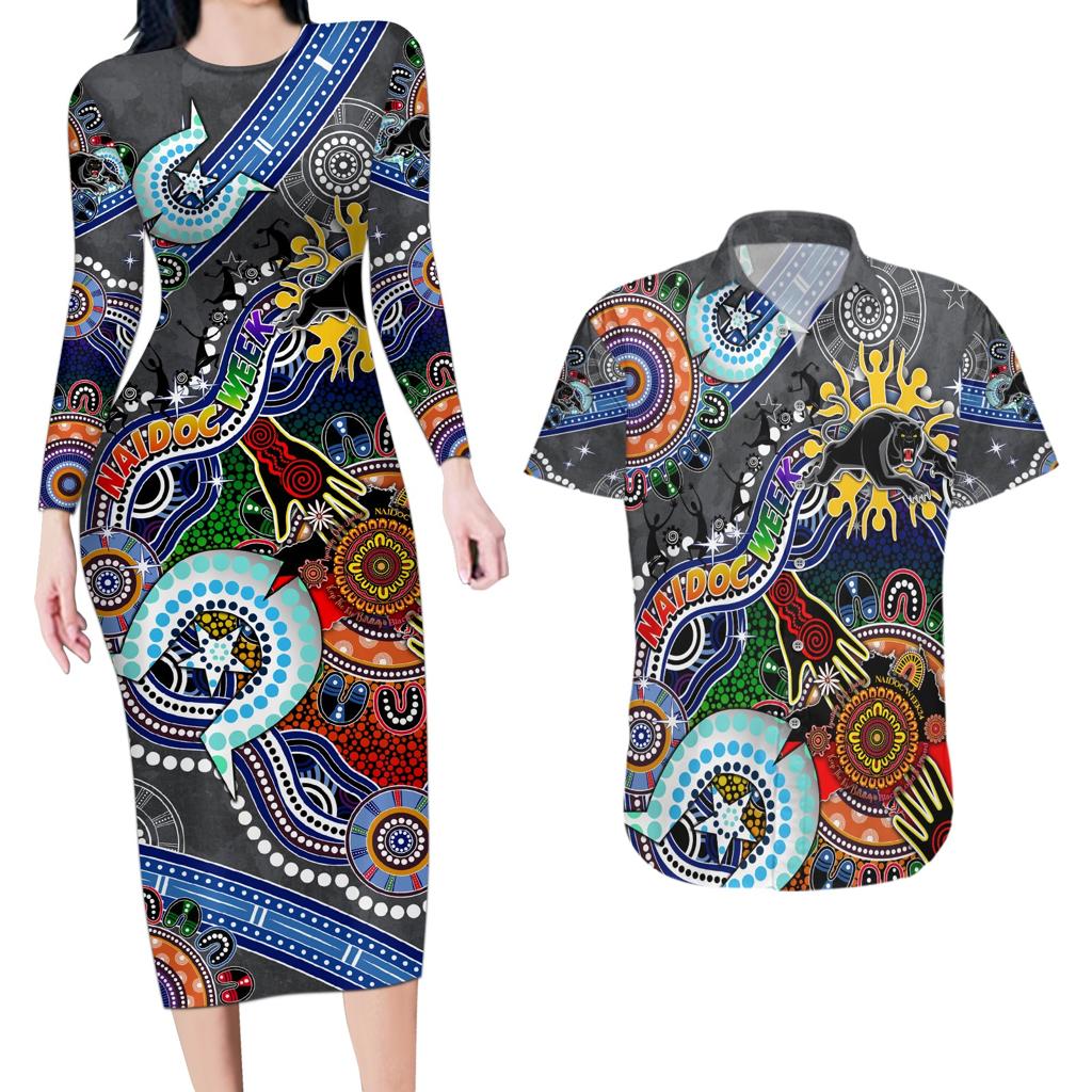 Personalised Panthers NAIDOC Week 2024 Couples Matching Long Sleeve Bodycon Dress and Hawaiian Shirt Australia Aboriginal Dot Painting