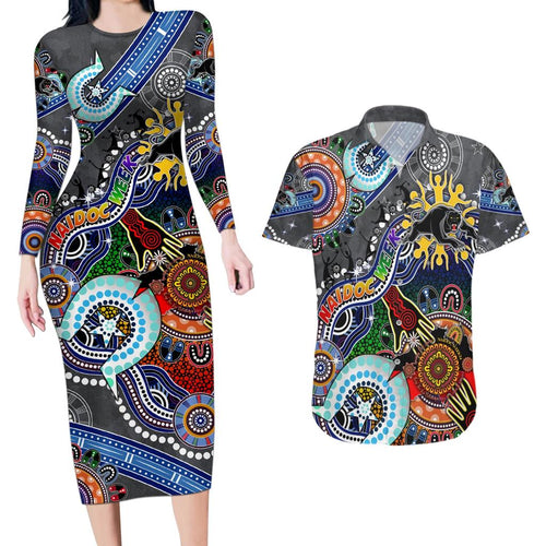 Personalised Panthers NAIDOC Week 2024 Couples Matching Long Sleeve Bodycon Dress and Hawaiian Shirt Australia Aboriginal Dot Painting
