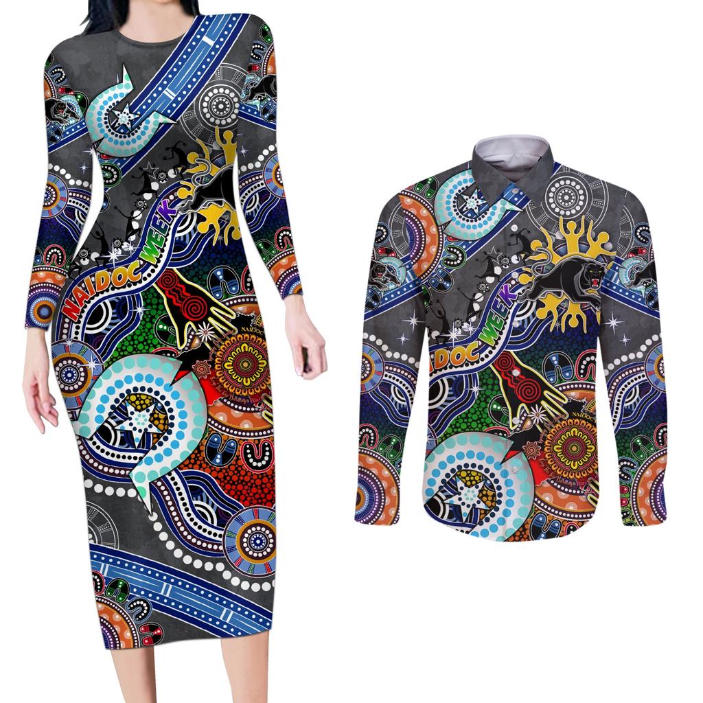 Personalised Panthers NAIDOC Week 2024 Couples Matching Long Sleeve Bodycon Dress and Long Sleeve Button Shirt Australia Aboriginal Dot Painting