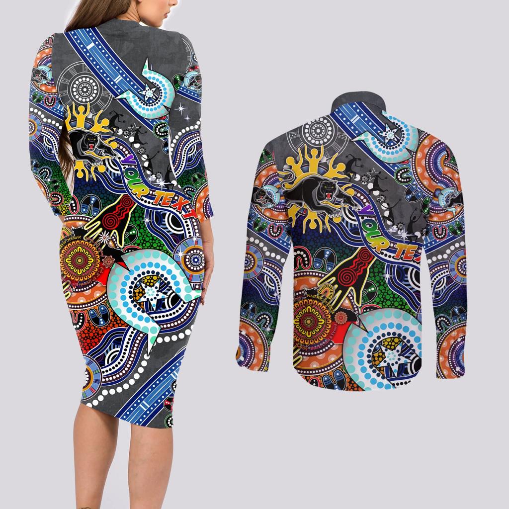 Personalised Panthers NAIDOC Week 2024 Couples Matching Long Sleeve Bodycon Dress and Long Sleeve Button Shirt Australia Aboriginal Dot Painting
