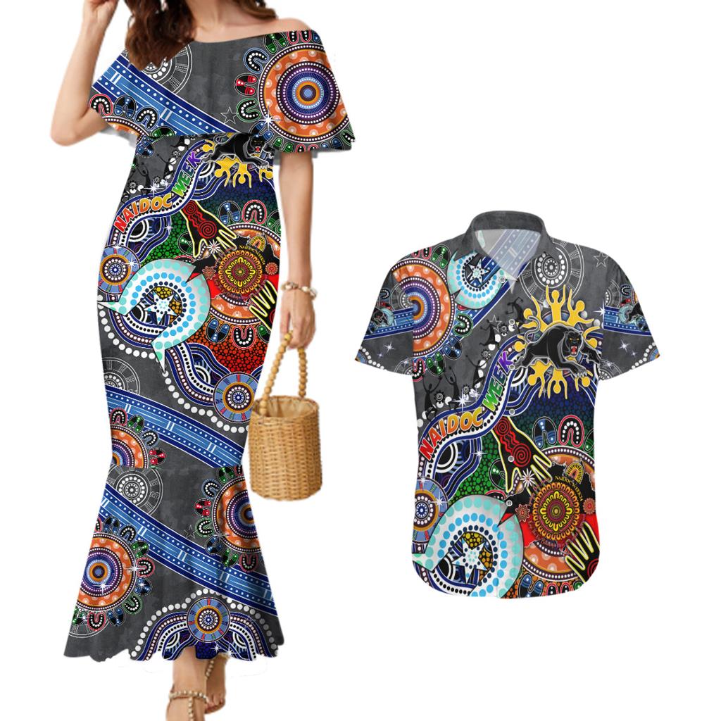 Personalised Panthers NAIDOC Week 2024 Couples Matching Mermaid Dress and Hawaiian Shirt Australia Aboriginal Dot Painting