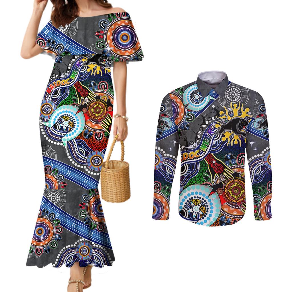 Personalised Panthers NAIDOC Week 2024 Couples Matching Mermaid Dress and Long Sleeve Button Shirt Australia Aboriginal Dot Painting