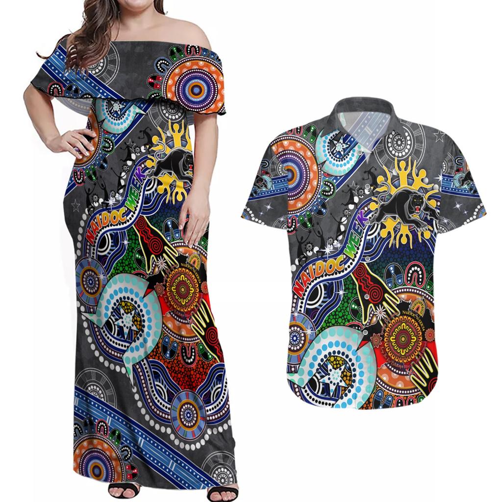 Personalised Panthers NAIDOC Week 2024 Couples Matching Off Shoulder Maxi Dress and Hawaiian Shirt Australia Aboriginal Dot Painting