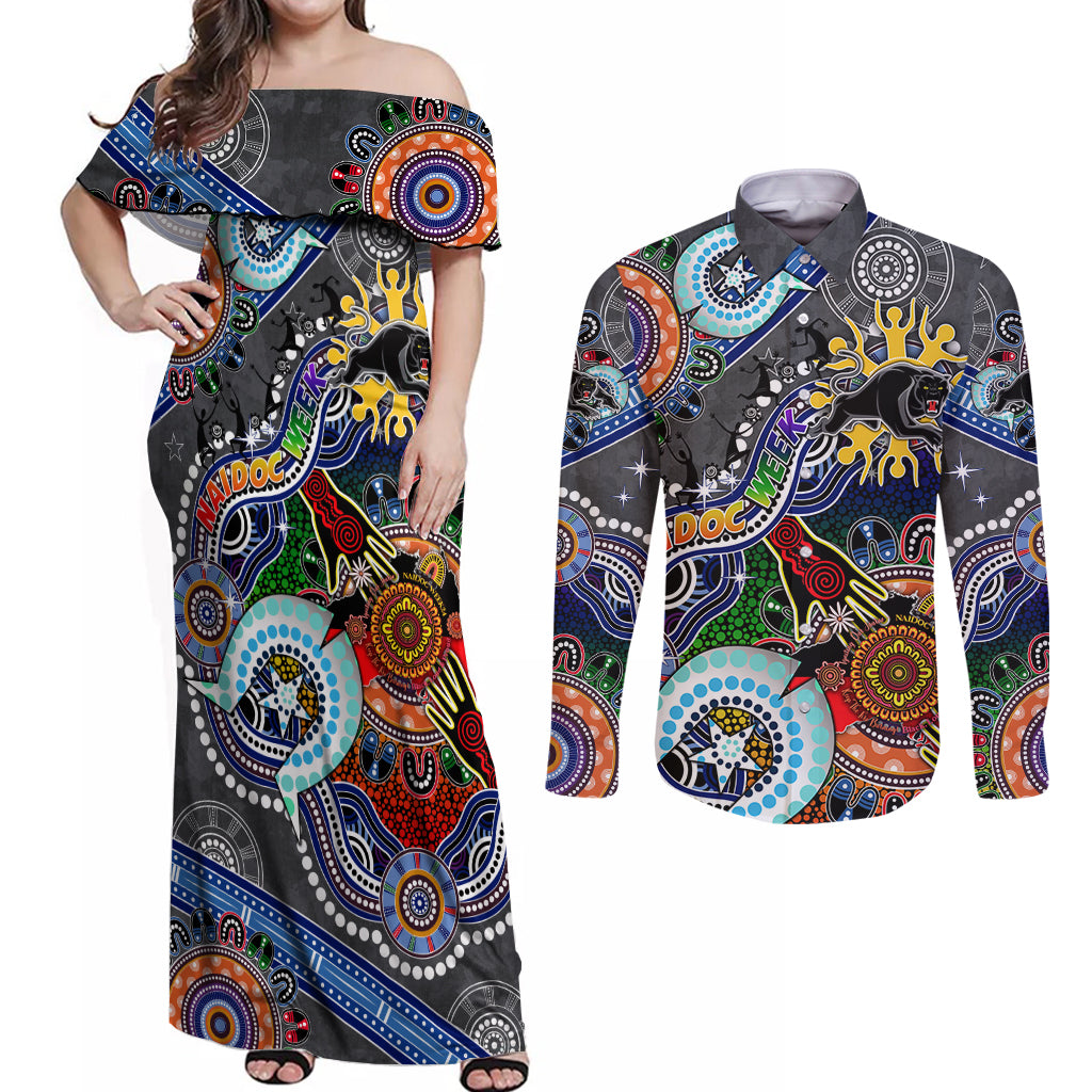 Personalised Panthers NAIDOC Week 2024 Couples Matching Off Shoulder Maxi Dress and Long Sleeve Button Shirt Australia Aboriginal Dot Painting