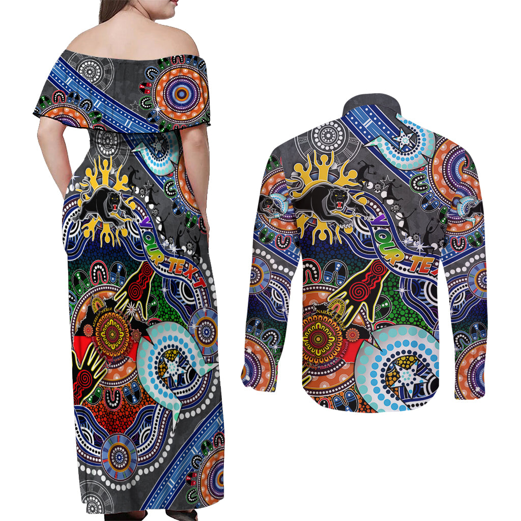 Personalised Panthers NAIDOC Week 2024 Couples Matching Off Shoulder Maxi Dress and Long Sleeve Button Shirt Australia Aboriginal Dot Painting