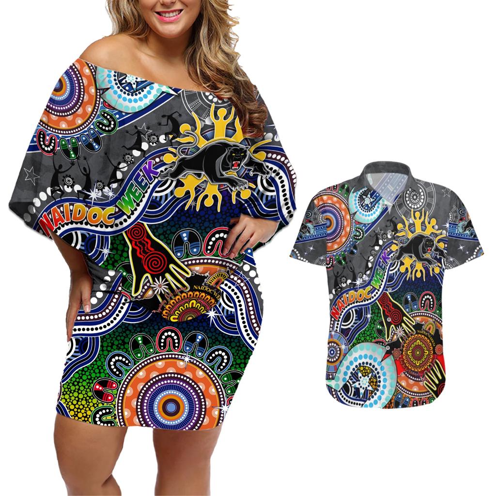 Personalised Panthers NAIDOC Week 2024 Couples Matching Off Shoulder Short Dress and Hawaiian Shirt Australia Aboriginal Dot Painting