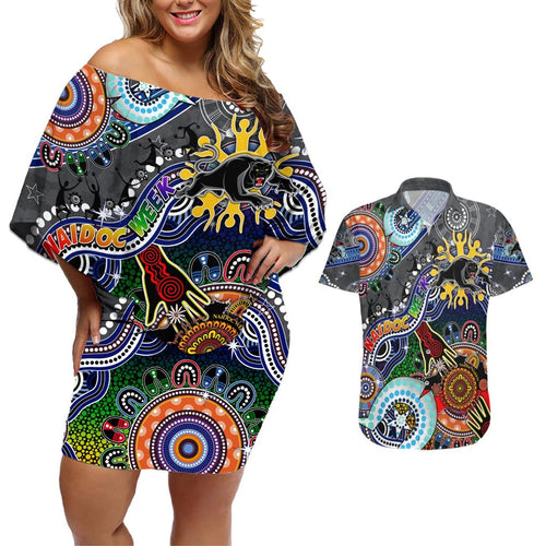 Personalised Panthers NAIDOC Week 2024 Couples Matching Off Shoulder Short Dress and Hawaiian Shirt Australia Aboriginal Dot Painting