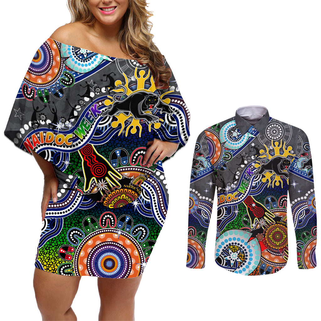 Personalised Panthers NAIDOC Week 2024 Couples Matching Off Shoulder Short Dress and Long Sleeve Button Shirt Australia Aboriginal Dot Painting