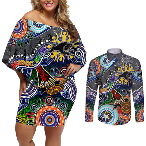 Personalised Panthers NAIDOC Week 2024 Couples Matching Off Shoulder Short Dress and Long Sleeve Button Shirt Australia Aboriginal Dot Painting
