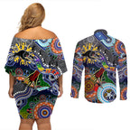Personalised Panthers NAIDOC Week 2024 Couples Matching Off Shoulder Short Dress and Long Sleeve Button Shirt Australia Aboriginal Dot Painting