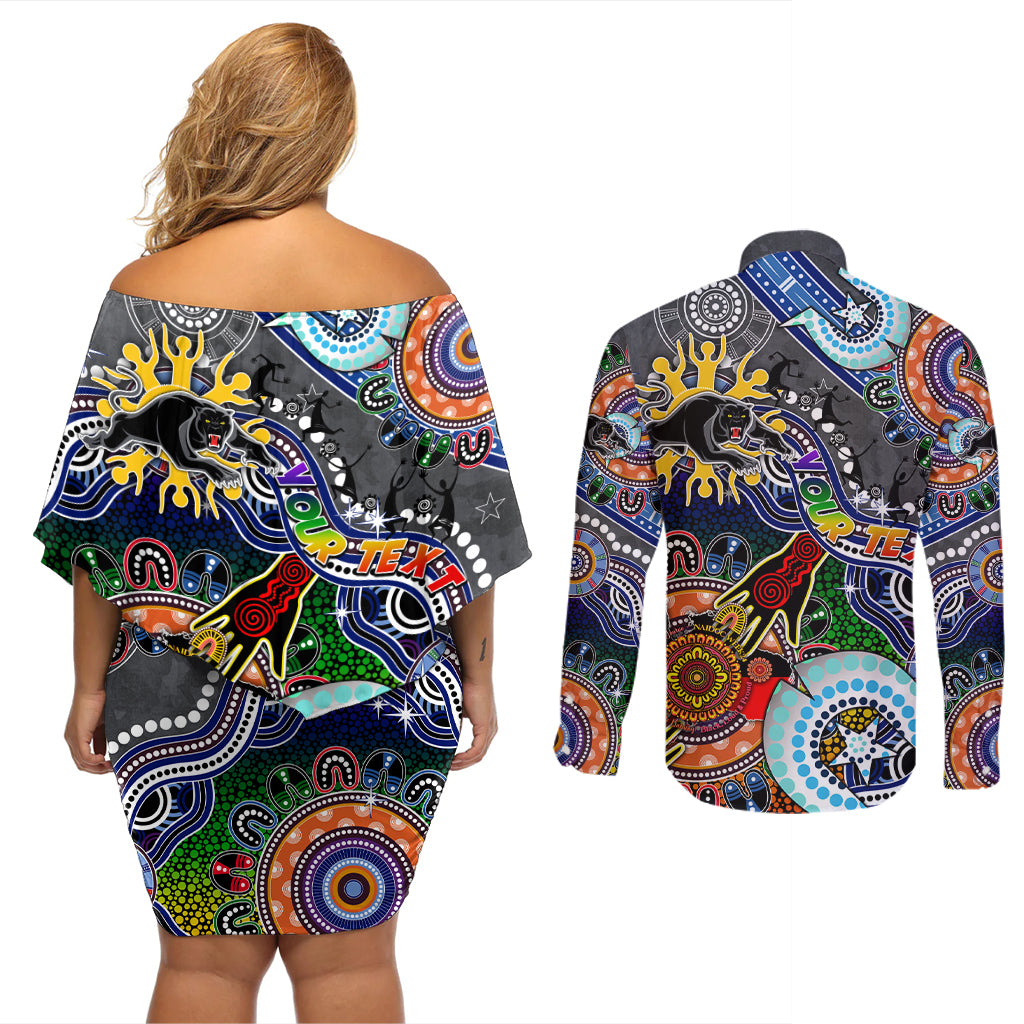 Personalised Panthers NAIDOC Week 2024 Couples Matching Off Shoulder Short Dress and Long Sleeve Button Shirt Australia Aboriginal Dot Painting