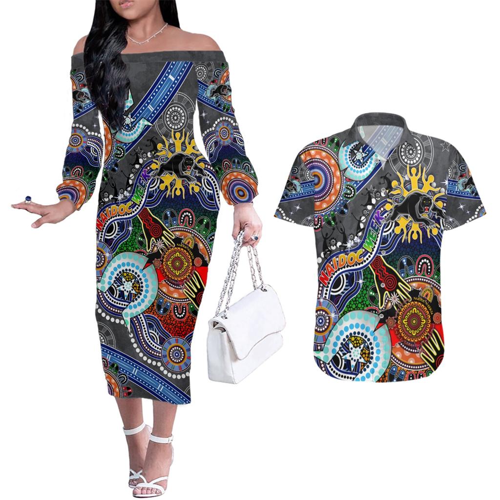 Personalised Panthers NAIDOC Week 2024 Couples Matching Off The Shoulder Long Sleeve Dress and Hawaiian Shirt Australia Aboriginal Dot Painting