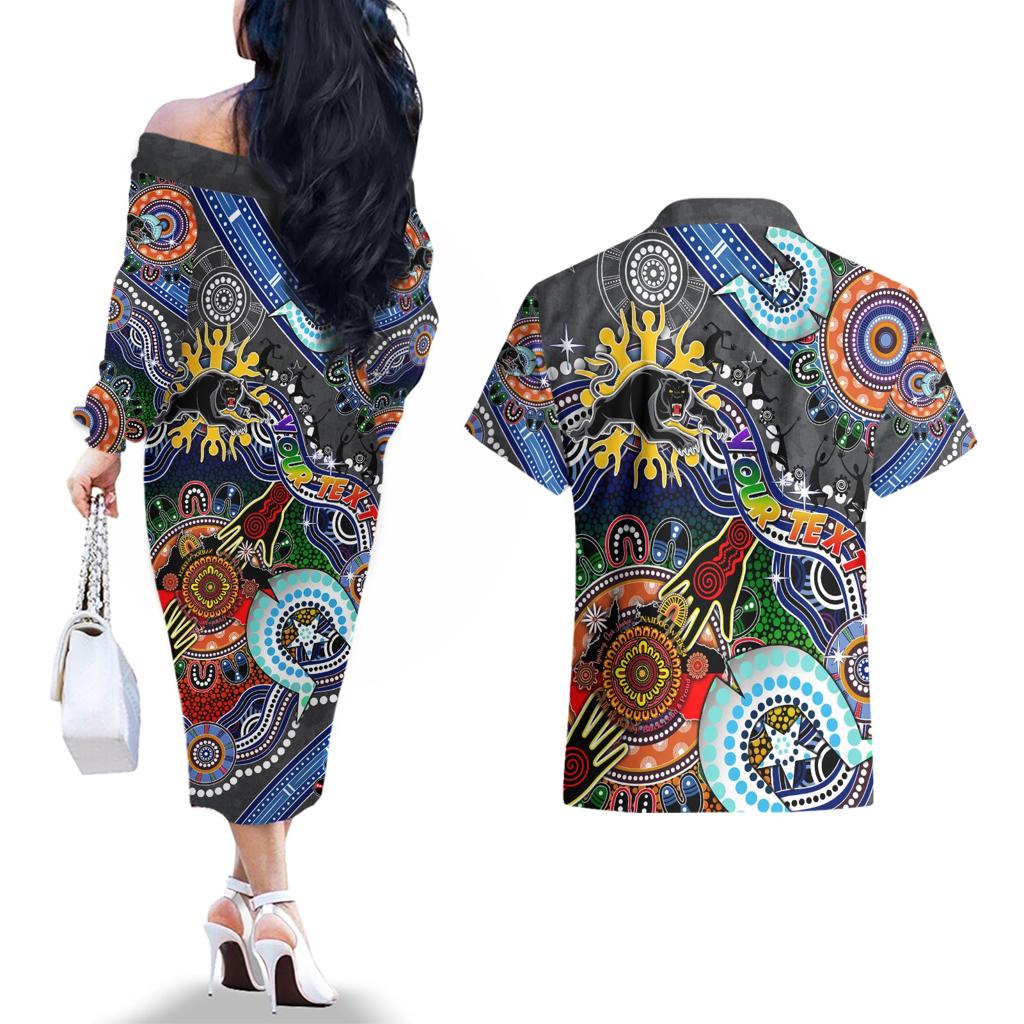 Personalised Panthers NAIDOC Week 2024 Couples Matching Off The Shoulder Long Sleeve Dress and Hawaiian Shirt Australia Aboriginal Dot Painting