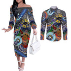 Personalised Panthers NAIDOC Week 2024 Couples Matching Off The Shoulder Long Sleeve Dress and Long Sleeve Button Shirt Australia Aboriginal Dot Painting