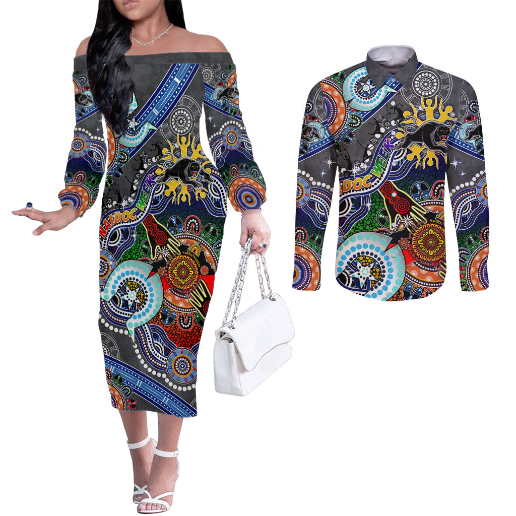 Personalised Panthers NAIDOC Week 2024 Couples Matching Off The Shoulder Long Sleeve Dress and Long Sleeve Button Shirt Australia Aboriginal Dot Painting