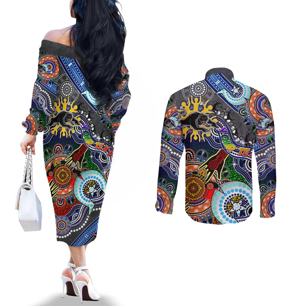 Personalised Panthers NAIDOC Week 2024 Couples Matching Off The Shoulder Long Sleeve Dress and Long Sleeve Button Shirt Australia Aboriginal Dot Painting