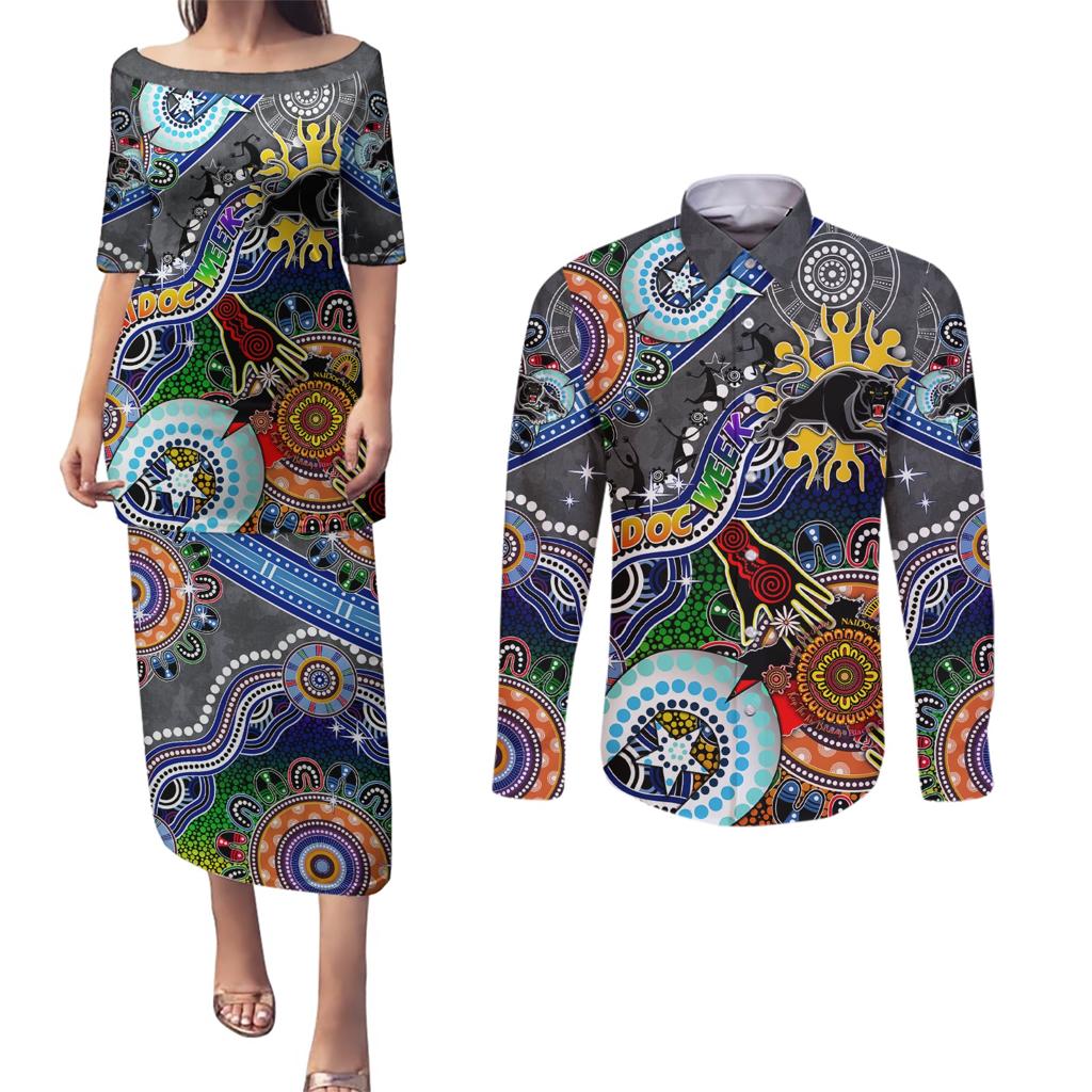Personalised Panthers NAIDOC Week 2024 Couples Matching Puletasi and Long Sleeve Button Shirt Australia Aboriginal Dot Painting