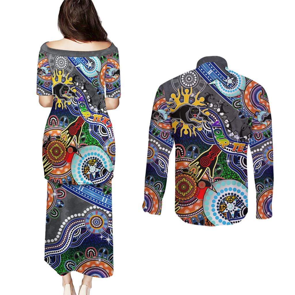 Personalised Panthers NAIDOC Week 2024 Couples Matching Puletasi and Long Sleeve Button Shirt Australia Aboriginal Dot Painting