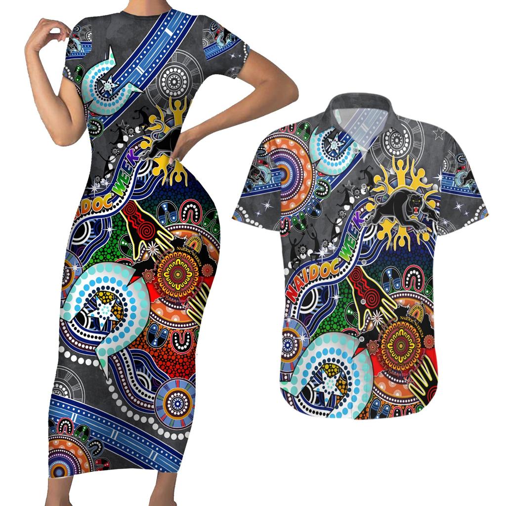 Personalised Panthers NAIDOC Week 2024 Couples Matching Short Sleeve Bodycon Dress and Hawaiian Shirt Australia Aboriginal Dot Painting