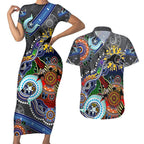 Personalised Panthers NAIDOC Week 2024 Couples Matching Short Sleeve Bodycon Dress and Hawaiian Shirt Australia Aboriginal Dot Painting