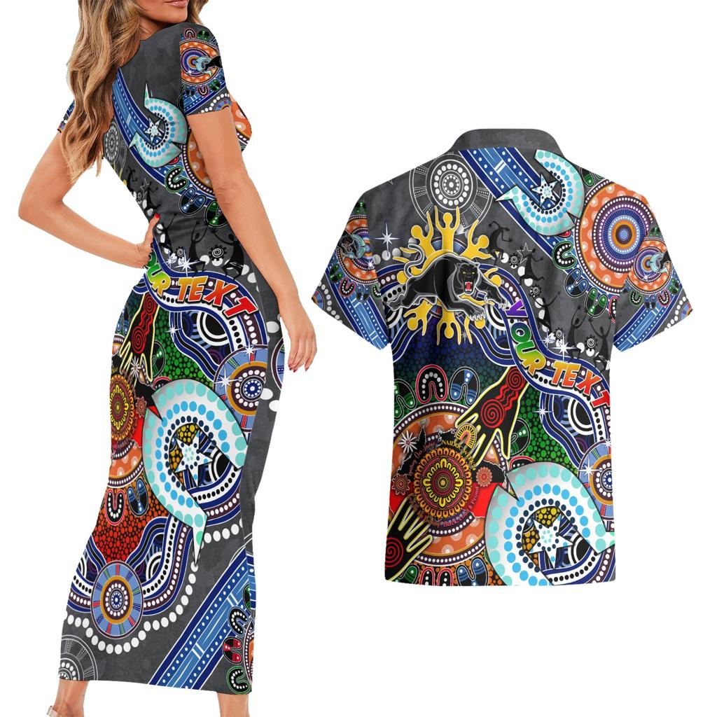 Personalised Panthers NAIDOC Week 2024 Couples Matching Short Sleeve Bodycon Dress and Hawaiian Shirt Australia Aboriginal Dot Painting