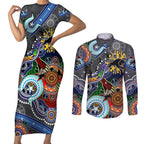 Personalised Panthers NAIDOC Week 2024 Couples Matching Short Sleeve Bodycon Dress and Long Sleeve Button Shirt Australia Aboriginal Dot Painting