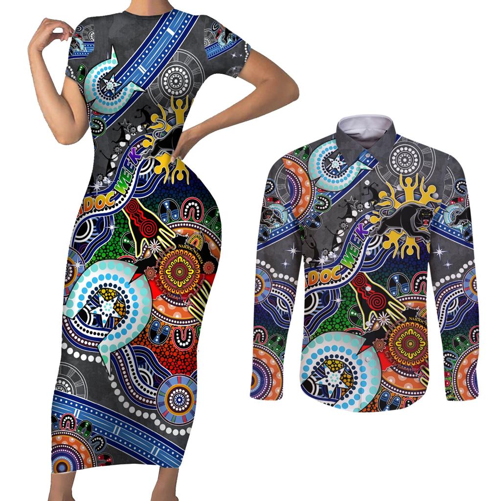 Personalised Panthers NAIDOC Week 2024 Couples Matching Short Sleeve Bodycon Dress and Long Sleeve Button Shirt Australia Aboriginal Dot Painting
