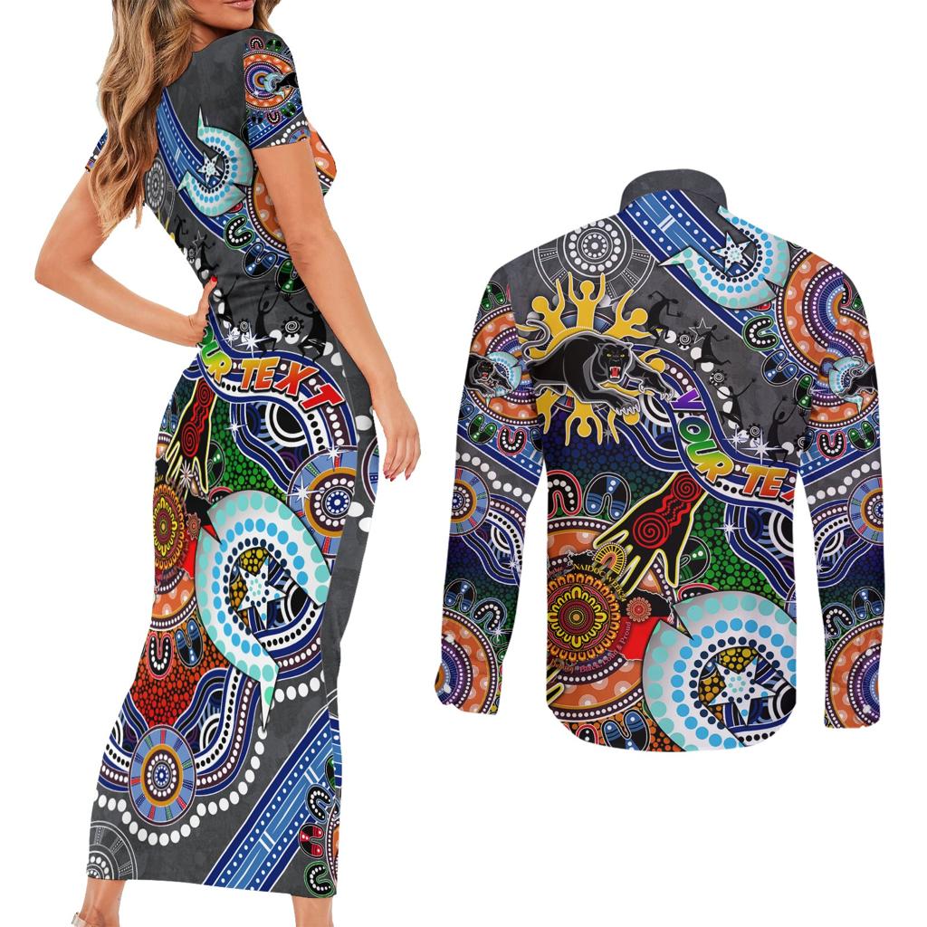Personalised Panthers NAIDOC Week 2024 Couples Matching Short Sleeve Bodycon Dress and Long Sleeve Button Shirt Australia Aboriginal Dot Painting