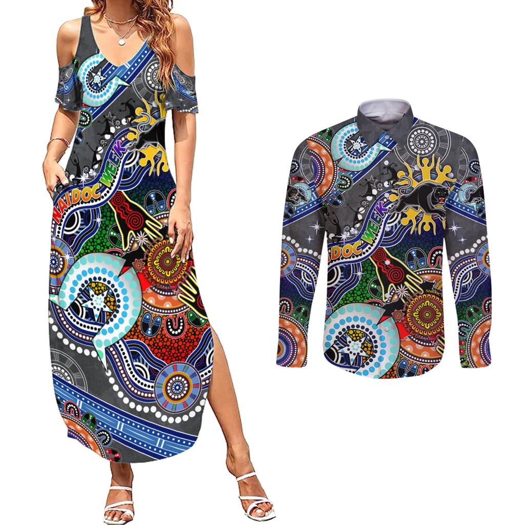 Personalised Panthers NAIDOC Week 2024 Couples Matching Summer Maxi Dress and Long Sleeve Button Shirt Australia Aboriginal Dot Painting