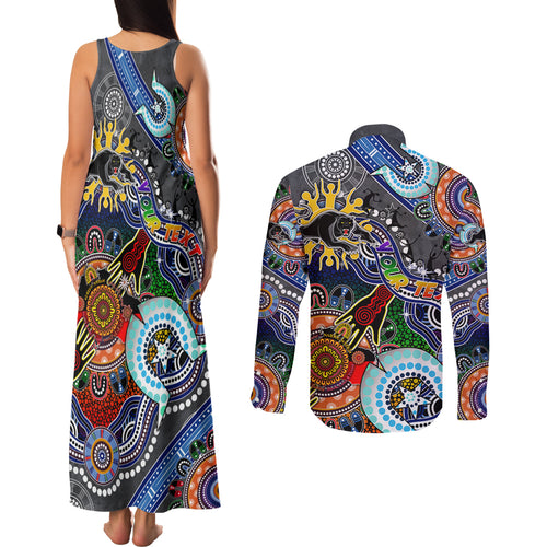 Personalised Panthers NAIDOC Week 2024 Couples Matching Tank Maxi Dress and Long Sleeve Button Shirt Australia Aboriginal Dot Painting