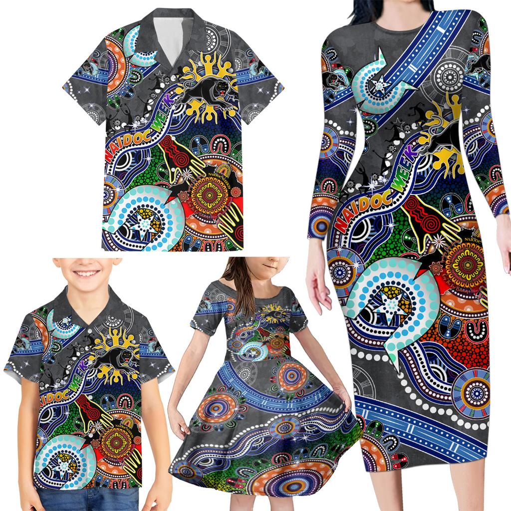 Personalised Panthers NAIDOC Week 2024 Family Matching Long Sleeve Bodycon Dress and Hawaiian Shirt Australia Aboriginal Dot Painting