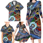 Personalised Panthers NAIDOC Week 2024 Family Matching Long Sleeve Bodycon Dress and Hawaiian Shirt Australia Aboriginal Dot Painting