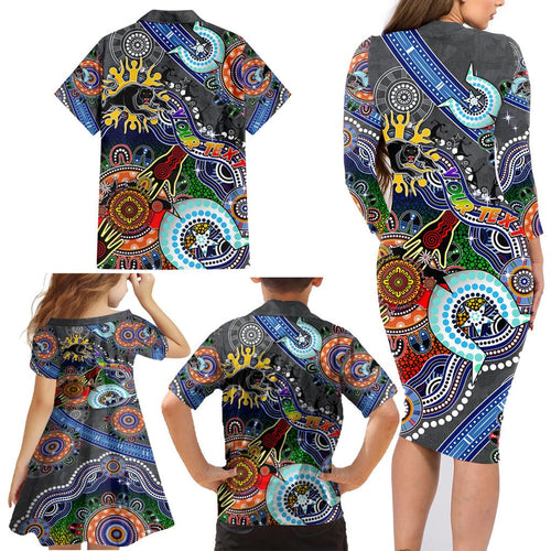 Personalised Panthers NAIDOC Week 2024 Family Matching Long Sleeve Bodycon Dress and Hawaiian Shirt Australia Aboriginal Dot Painting