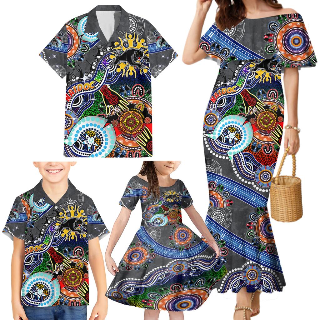 Personalised Panthers NAIDOC Week 2024 Family Matching Mermaid Dress and Hawaiian Shirt Australia Aboriginal Dot Painting