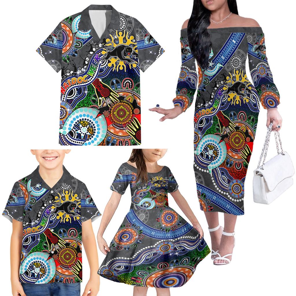 Personalised Panthers NAIDOC Week 2024 Family Matching Off The Shoulder Long Sleeve Dress and Hawaiian Shirt Australia Aboriginal Dot Painting