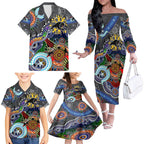 Personalised Panthers NAIDOC Week 2024 Family Matching Off The Shoulder Long Sleeve Dress and Hawaiian Shirt Australia Aboriginal Dot Painting