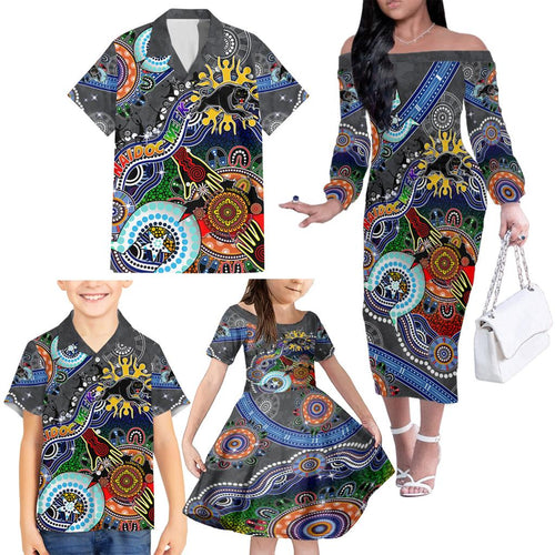 Personalised Panthers NAIDOC Week 2024 Family Matching Off The Shoulder Long Sleeve Dress and Hawaiian Shirt Australia Aboriginal Dot Painting