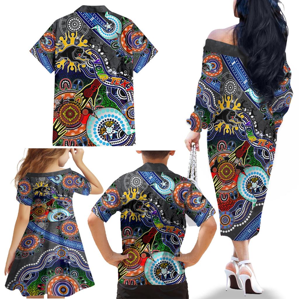 Personalised Panthers NAIDOC Week 2024 Family Matching Off The Shoulder Long Sleeve Dress and Hawaiian Shirt Australia Aboriginal Dot Painting