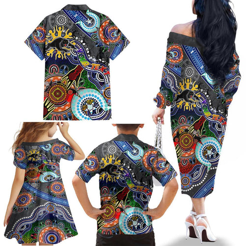 Personalised Panthers NAIDOC Week 2024 Family Matching Off The Shoulder Long Sleeve Dress and Hawaiian Shirt Australia Aboriginal Dot Painting
