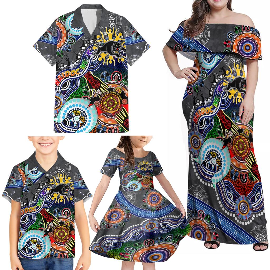 Personalised Panthers NAIDOC Week 2024 Family Matching Off Shoulder Maxi Dress and Hawaiian Shirt Australia Aboriginal Dot Painting