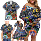 Personalised Panthers NAIDOC Week 2024 Family Matching Off Shoulder Short Dress and Hawaiian Shirt Australia Aboriginal Dot Painting