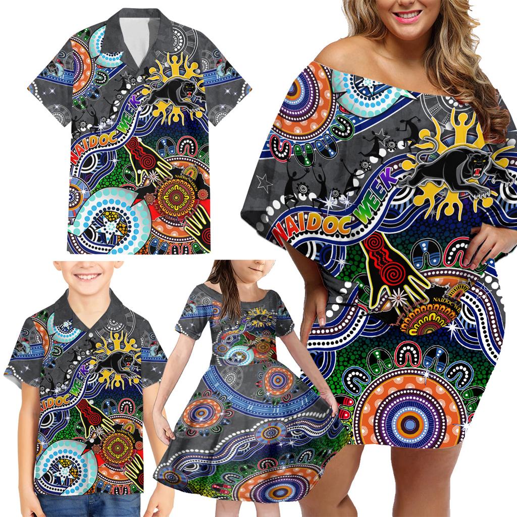 Personalised Panthers NAIDOC Week 2024 Family Matching Off Shoulder Short Dress and Hawaiian Shirt Australia Aboriginal Dot Painting