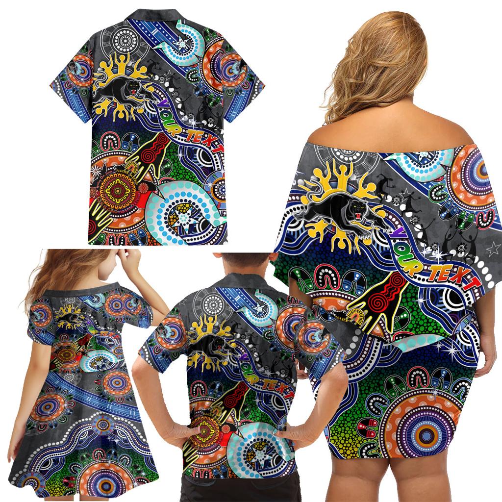 Personalised Panthers NAIDOC Week 2024 Family Matching Off Shoulder Short Dress and Hawaiian Shirt Australia Aboriginal Dot Painting