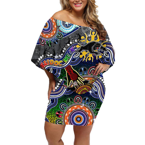 Personalised Panthers NAIDOC Week 2024 Family Matching Off Shoulder Short Dress and Hawaiian Shirt Australia Aboriginal Dot Painting