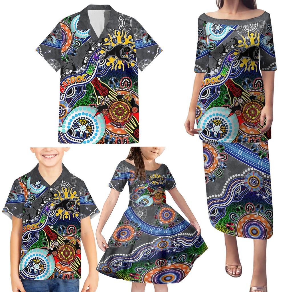 Personalised Panthers NAIDOC Week 2024 Family Matching Puletasi and Hawaiian Shirt Australia Aboriginal Dot Painting