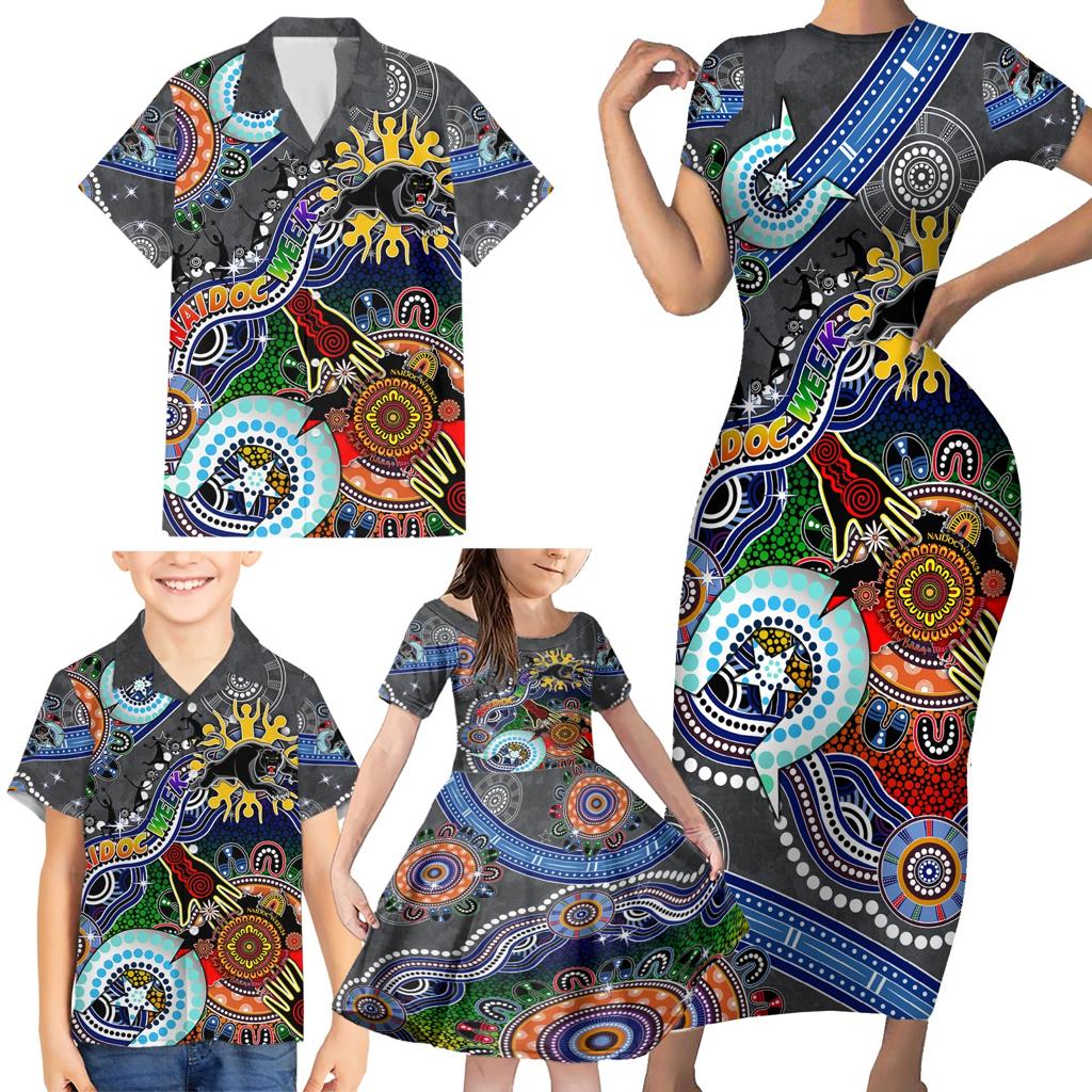 Personalised Panthers NAIDOC Week 2024 Family Matching Short Sleeve Bodycon Dress and Hawaiian Shirt Australia Aboriginal Dot Painting