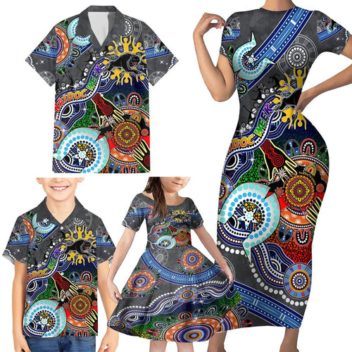 Personalised Panthers NAIDOC Week 2024 Family Matching Short Sleeve Bodycon Dress and Hawaiian Shirt Australia Aboriginal Dot Painting