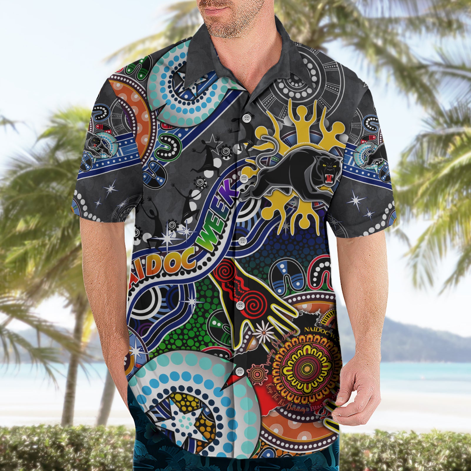 Personalised Panthers NAIDOC Week 2024 Hawaiian Shirt Australia Aboriginal Dot Painting